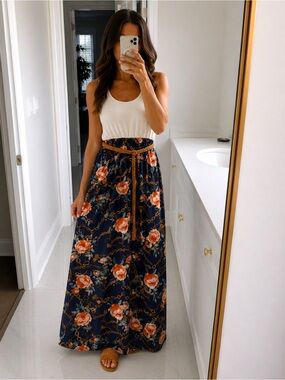 Navy Floral Maxi Skirt with Rope Waist